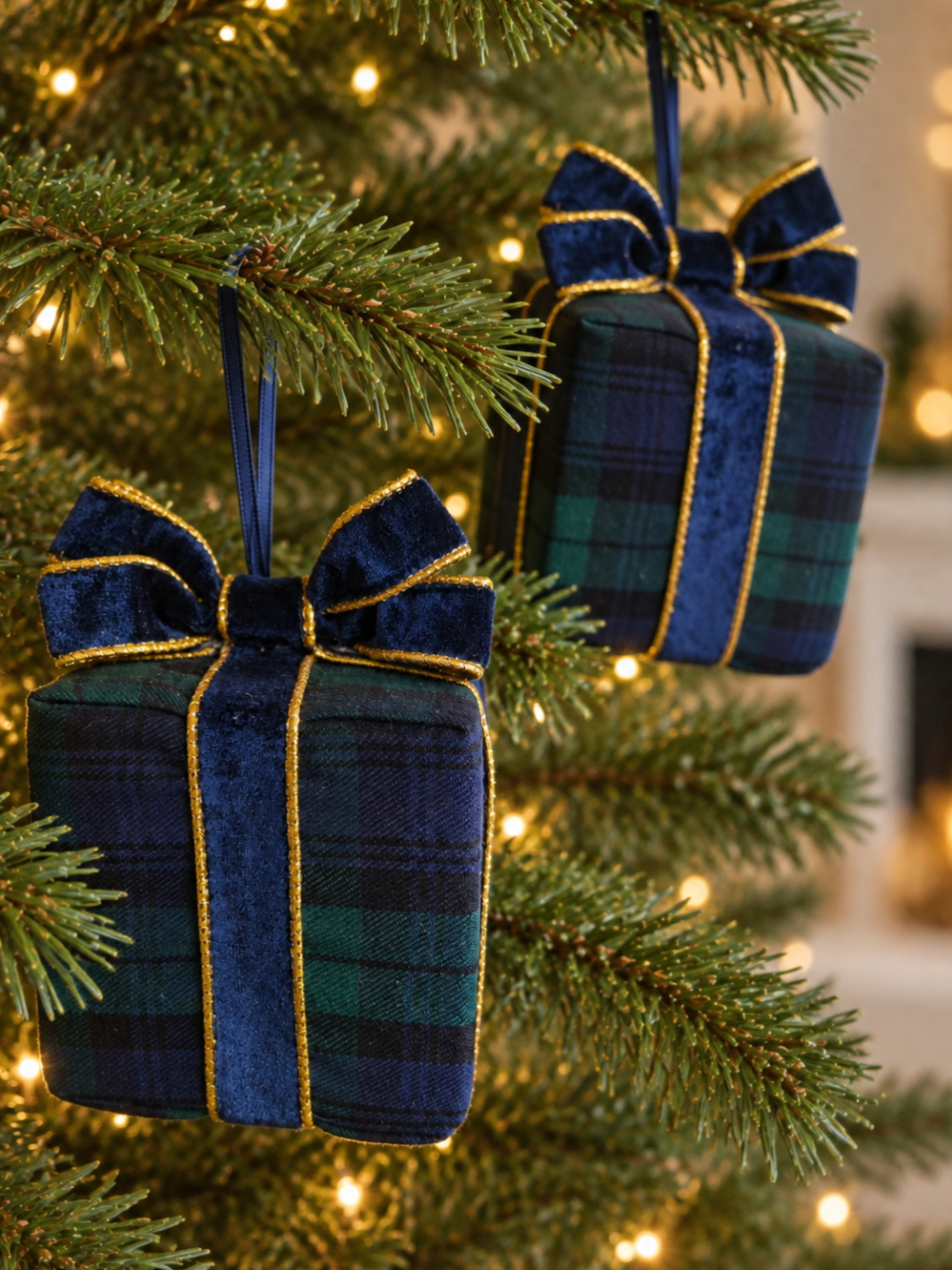 Navy Black Watch Tartan Christmas Bauble with Velvet Bow Present