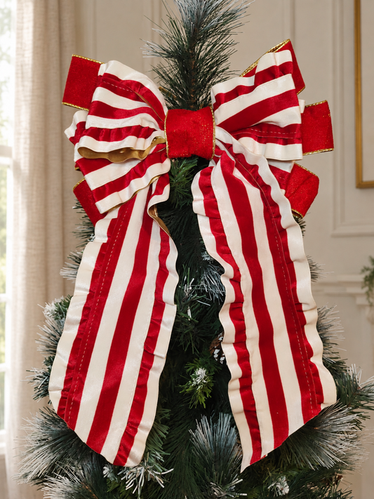 Red & Ivory Christmas Tree Topper Bow, Handmade Candy Cane Stripe Bow