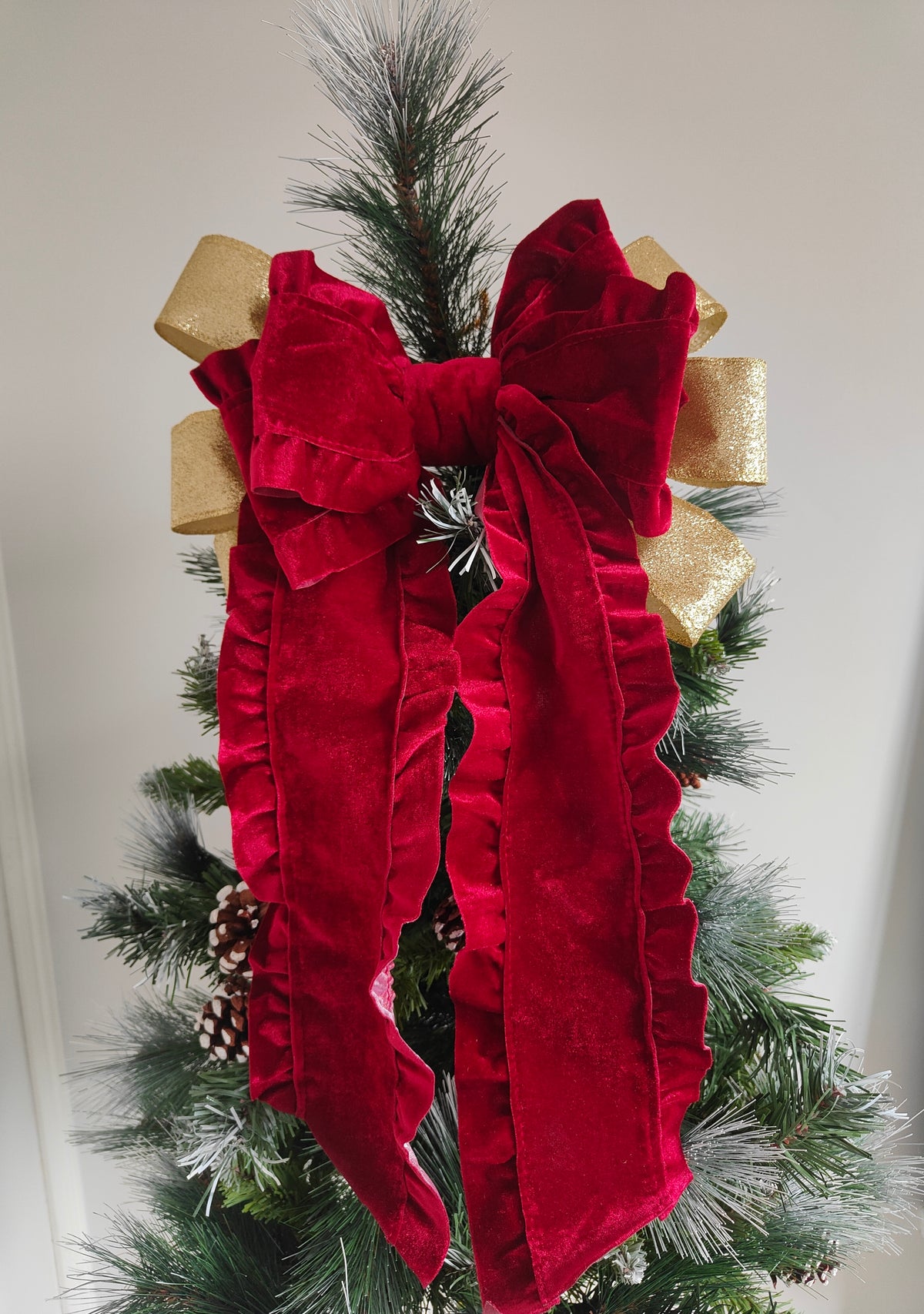 Red & Gold Christmas Tree Topper Bow Handmade
