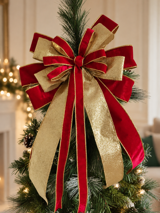 Red & Gold Velvet Christmas Tree Topper Bow