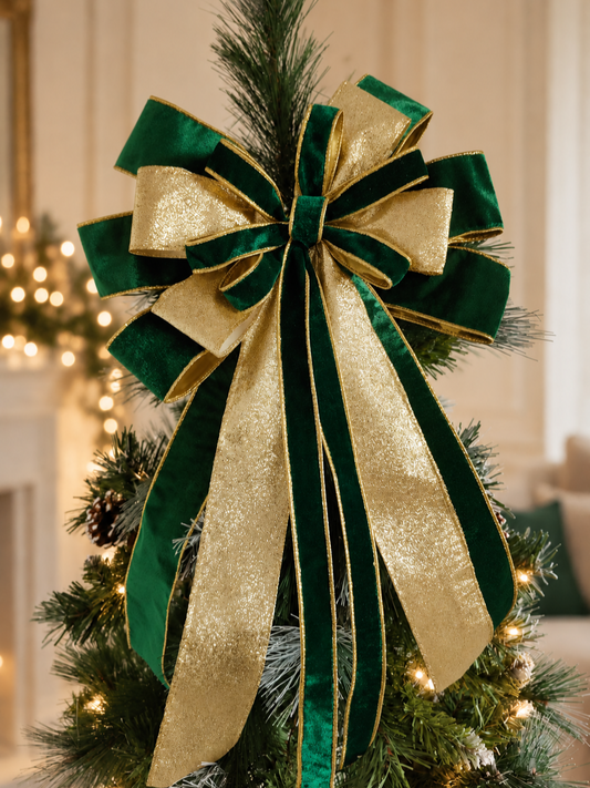 Green & Gold Velvet Christmas Tree Topper Bow