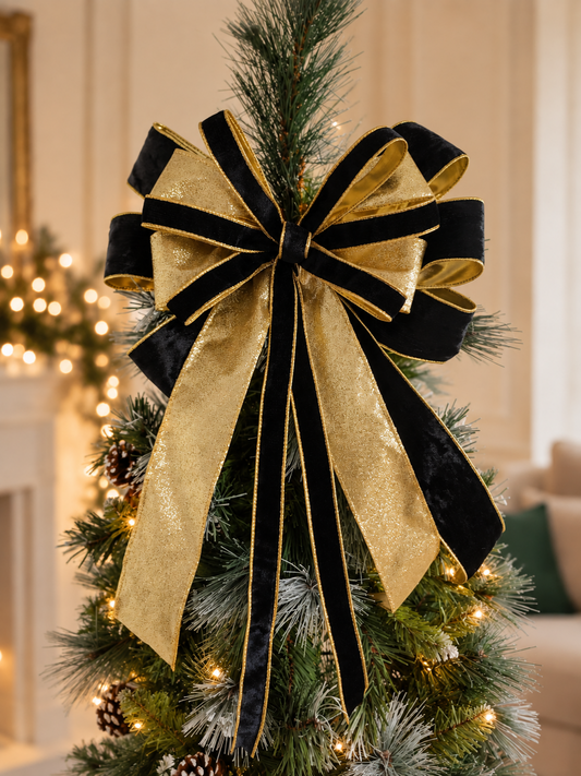 Black & Gold Velvet Christmas Tree Topper Bow