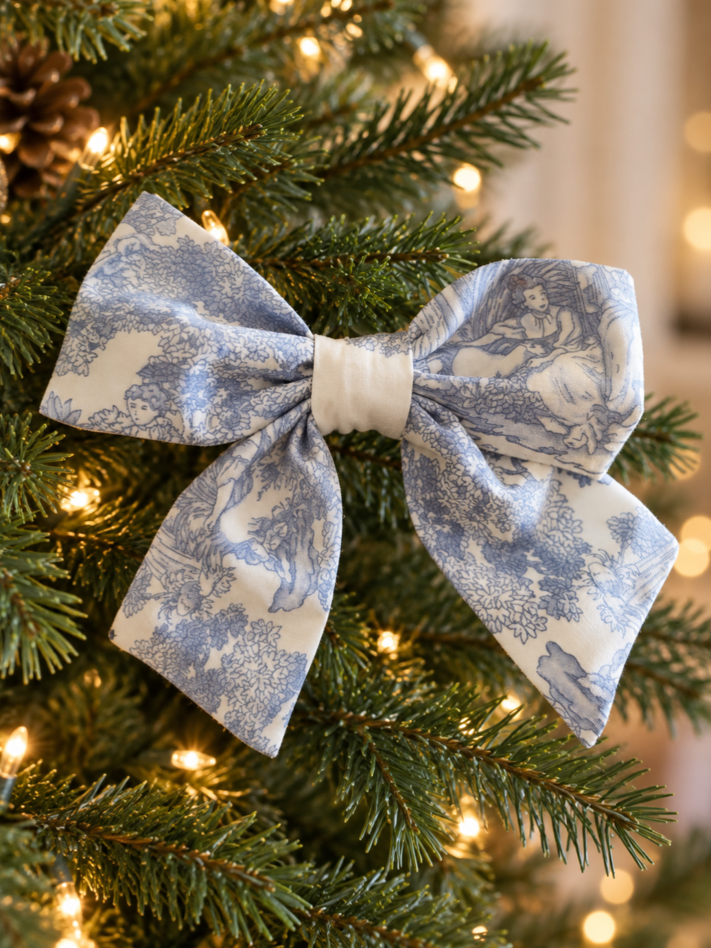 Blue Toile de Jouy Christmas Tree Bows – 5.5 Inch