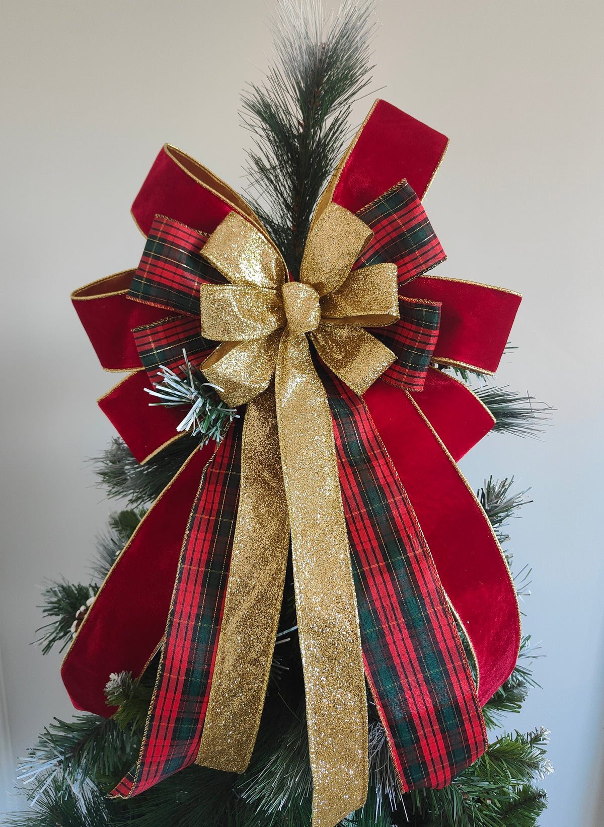 Red Green Velvet, Tartan & Gold Christmas Tree Topper Bow