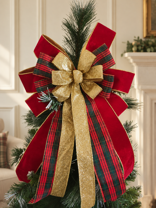 Red Green Velvet, Tartan & Gold Christmas Tree Topper Bow