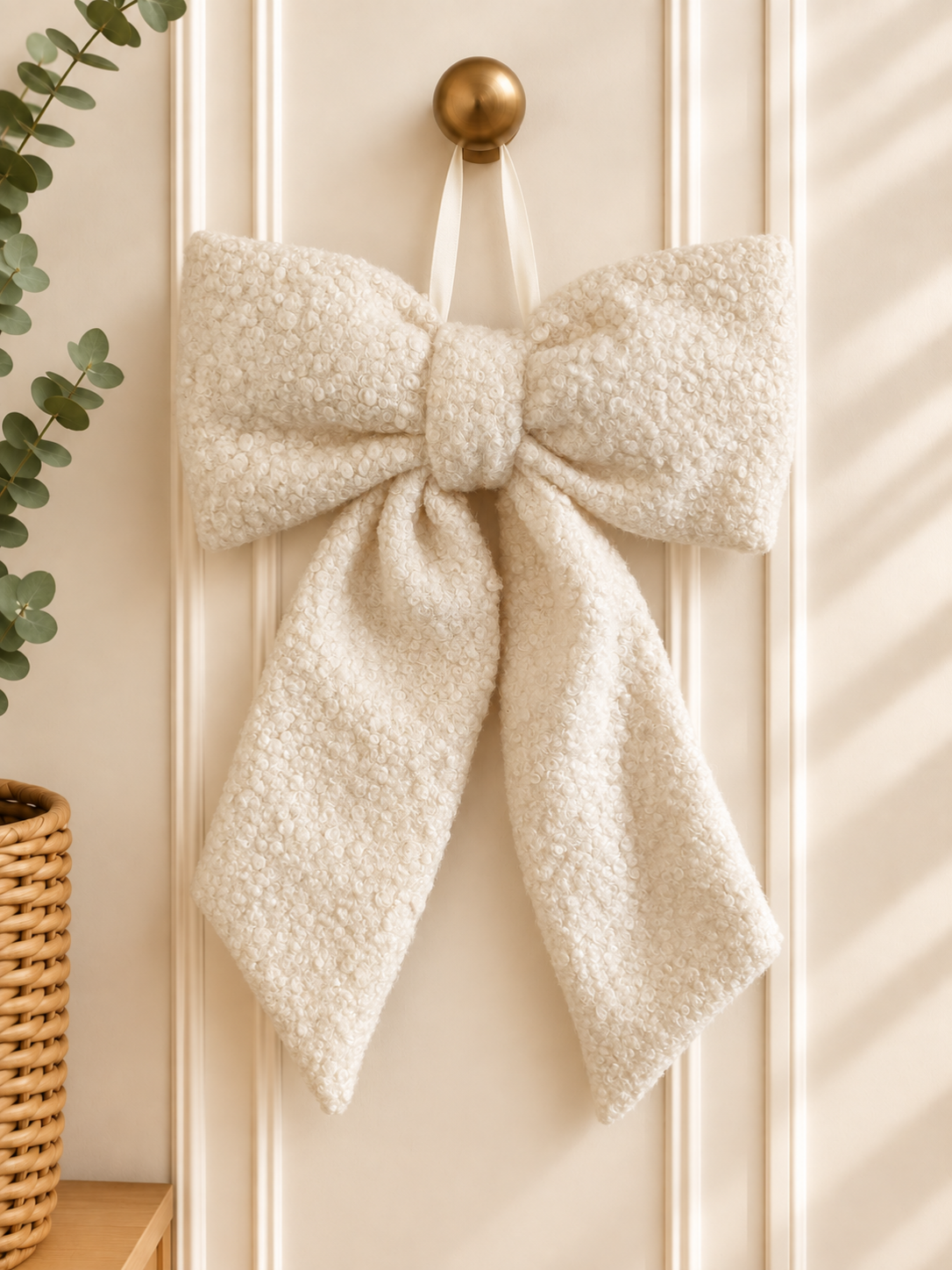 Ivory Boucle Christmas Hanging Bow Tree Topper