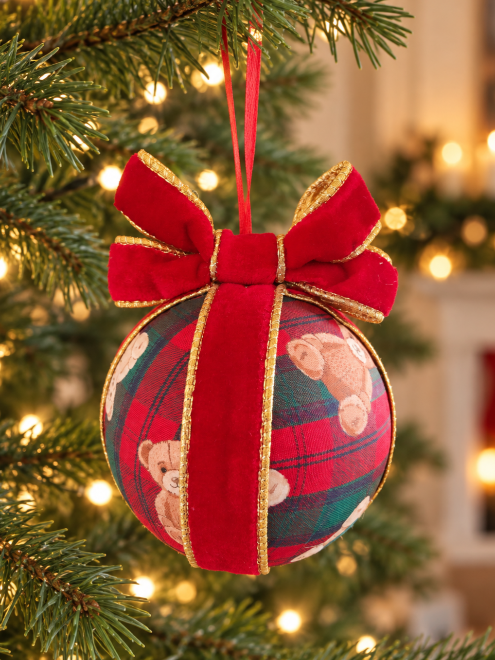 Handmade Red Green Tartan Teddy Bear Christmas Bauble