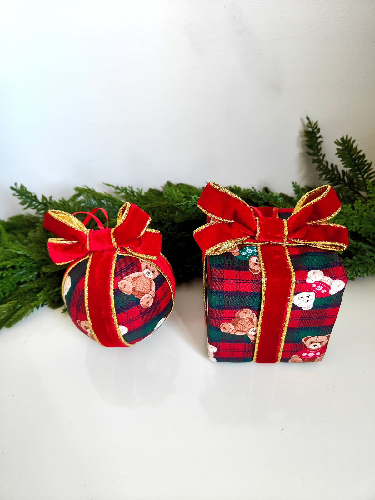 Handmade Red Green Tartan Teddy Bear Present Christmas Tree Decoration