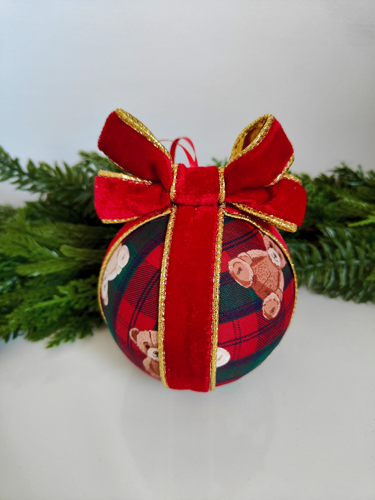 Handmade Red Green Tartan Teddy Bear Christmas Bauble