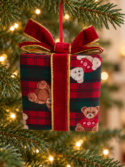Handmade Red Green Tartan Teddy Bear Present Christmas Tree Decoration