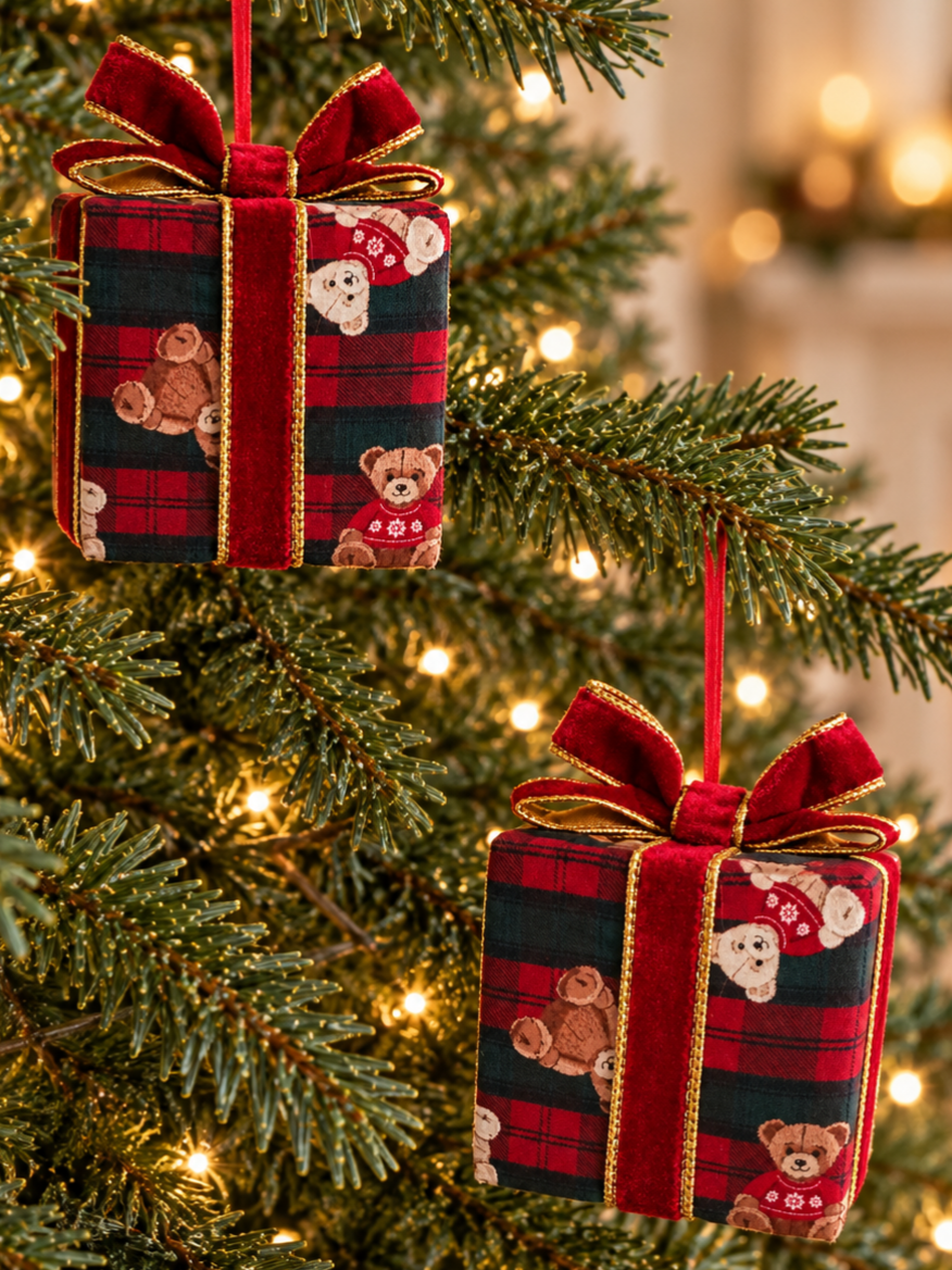 Handmade Red Green Tartan Teddy Bear Present Christmas Tree Decoration