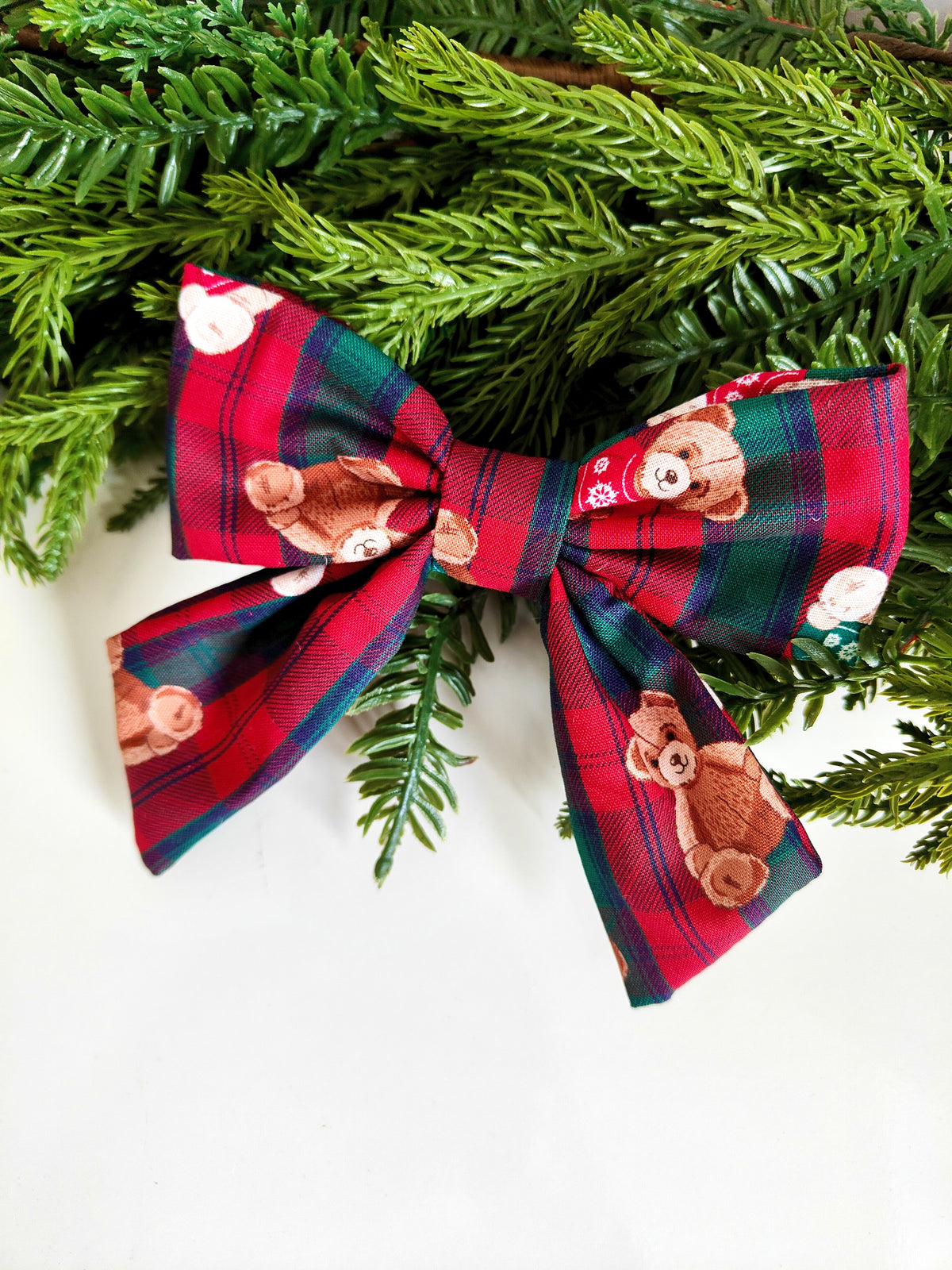 Red Green Tartan Teddy Bear Christmas Tree Bows – 5.5 Inch