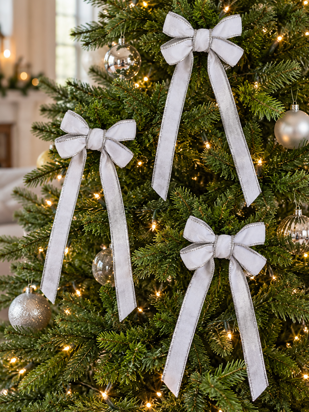 White Velvet Christmas Tree Bow with Silver Trim – 4 Inch