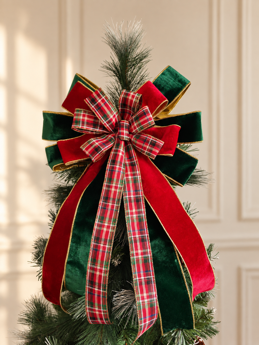 Red Green Tartan Velvet Christmas Tree Topper Bow 14 inch