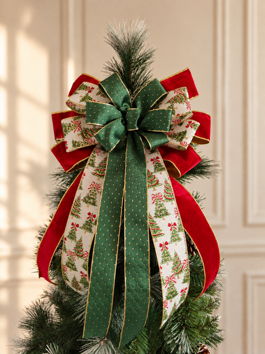 Gold Red Green Velvet Christmas Tree Topper Bow 14 inch