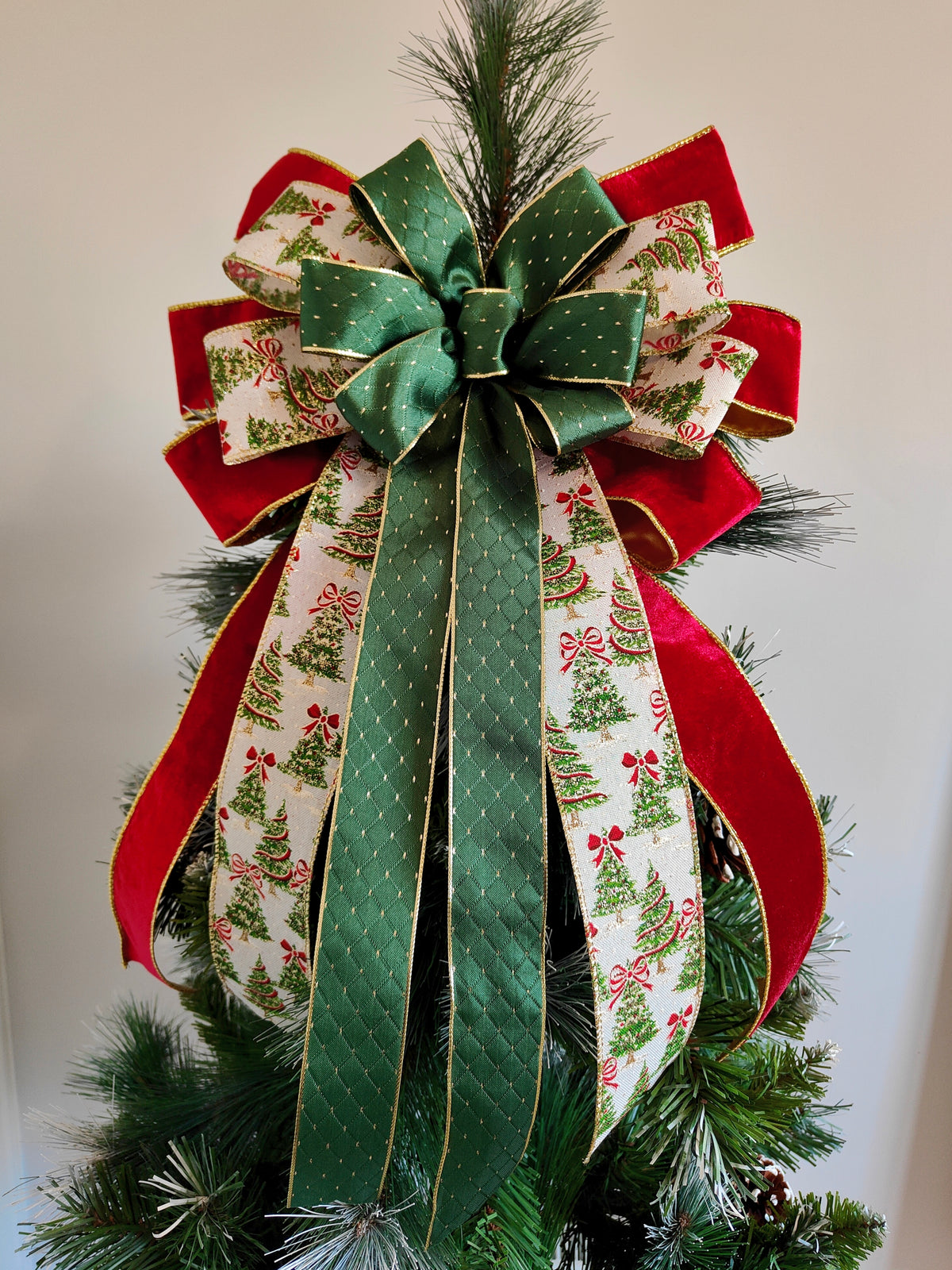 Gold Red Green Velvet Christmas Tree Topper Bow 14 inch
