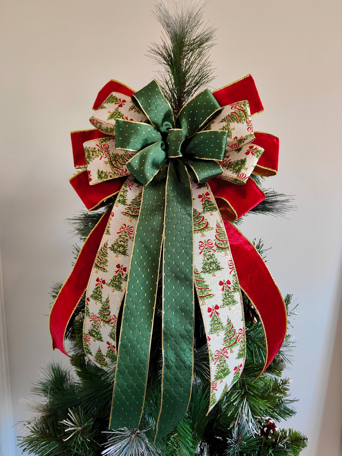 Gold Red Green Velvet Christmas Tree Topper Bow 14 inch