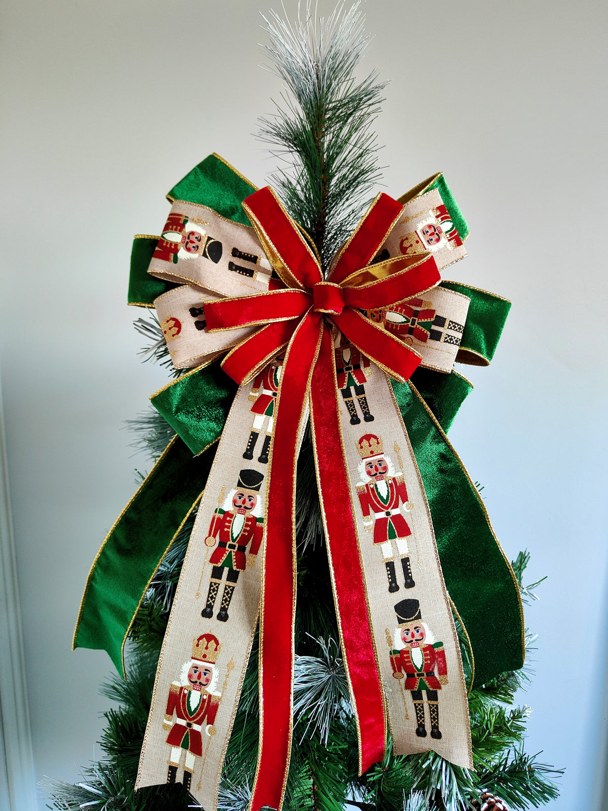 Red Green Nutcracker Christmas Tree Topper Bow 14 inch