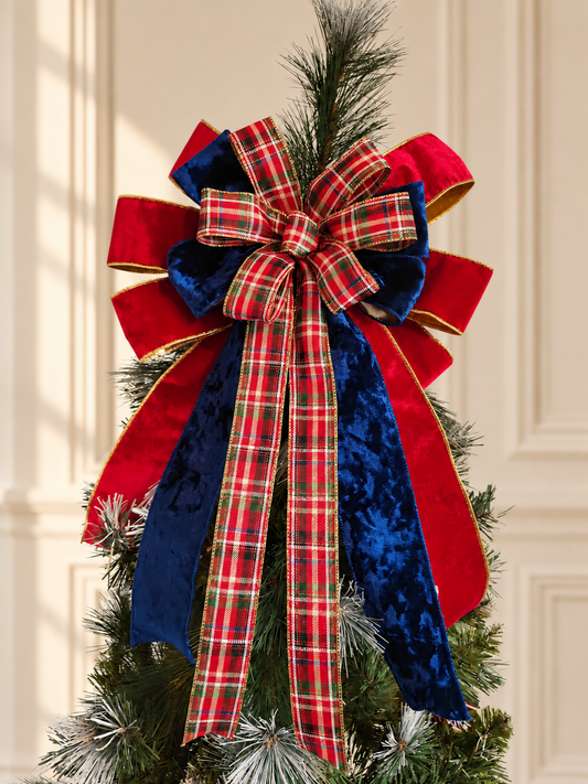 Red GreenBlue Tartan Christmas Tree Topper Bow 14 inch