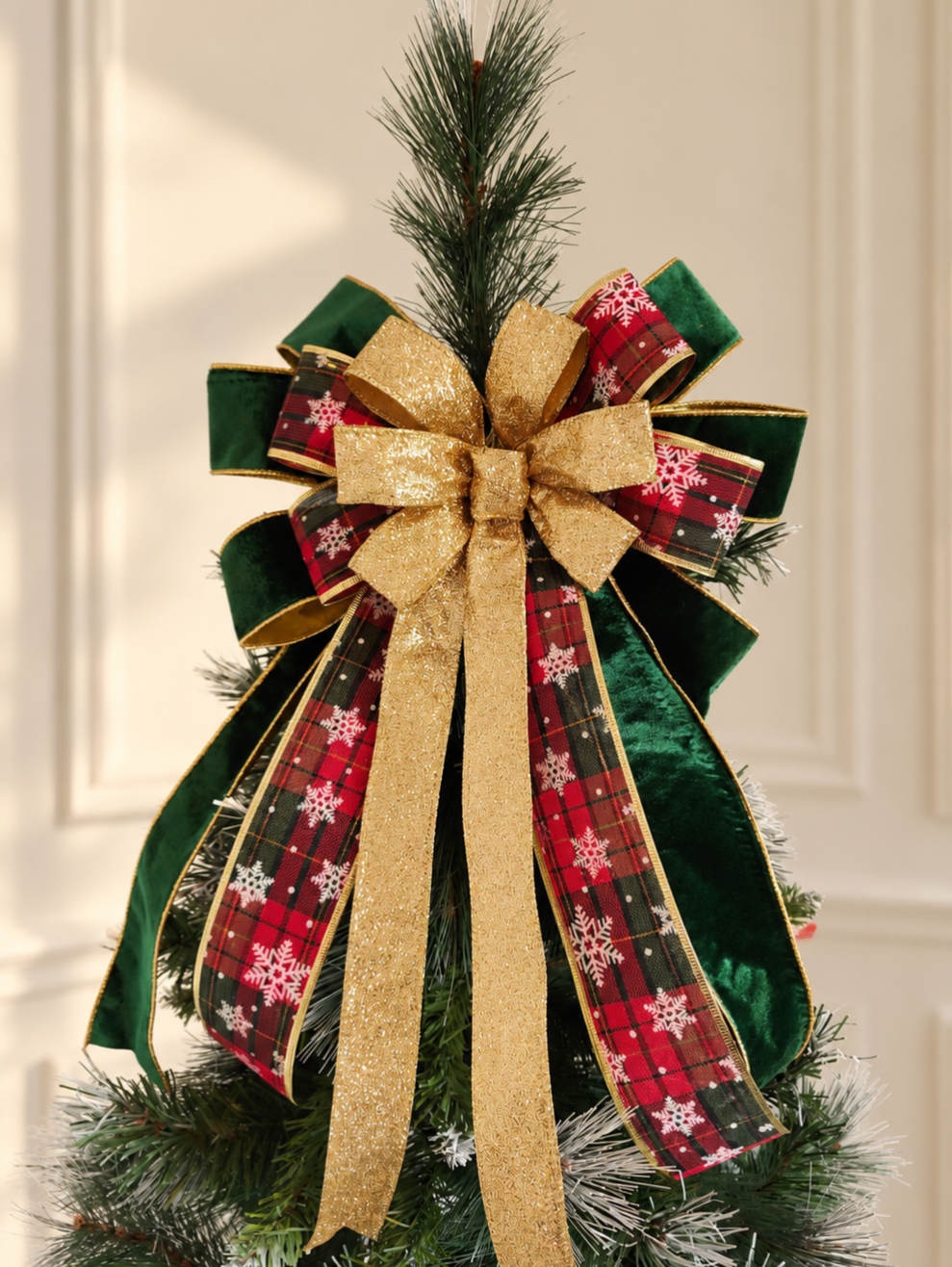 Red Green Snowflake Tartan Velvet Christmas Tree Topper Bow 14 inch