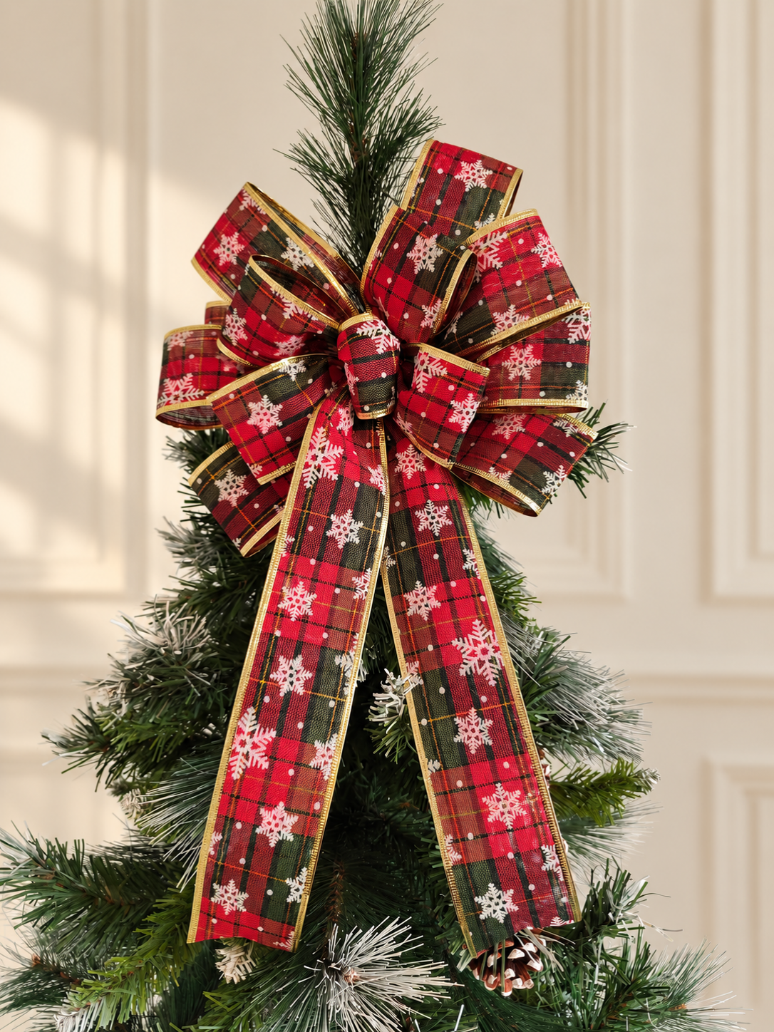 Red Green White Gold Tartan snowflake Bow
