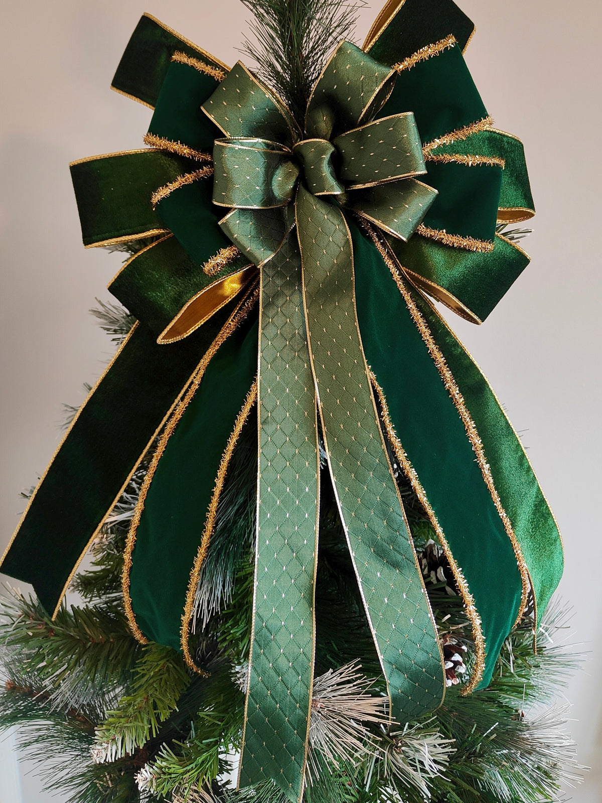 Green Gold Velvet Christmas Tree Topper Bow 14 inch