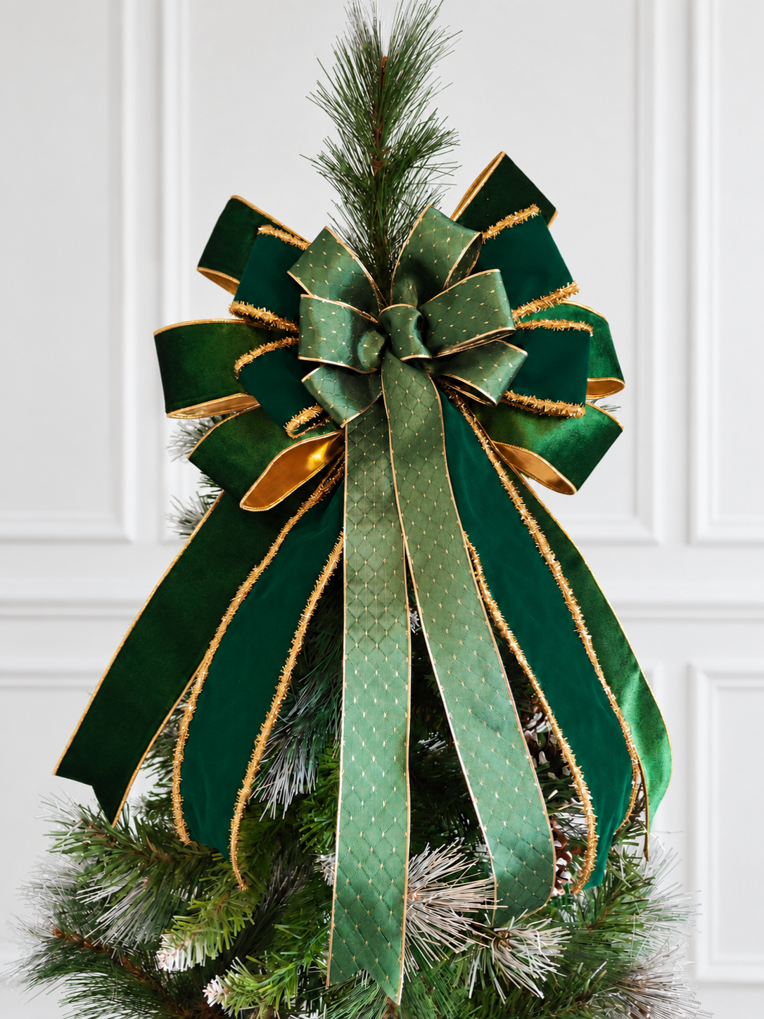 Green Gold Velvet Christmas Tree Topper Bow 14 inch