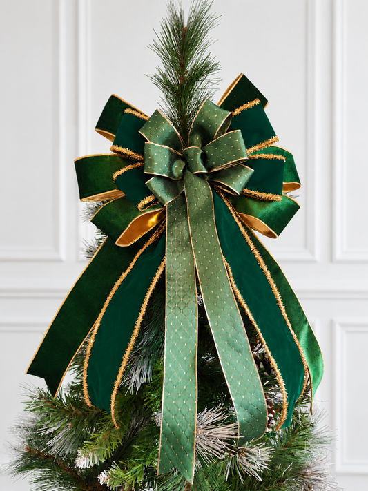 Green Gold Velvet Christmas Tree Topper Bow 14 inch