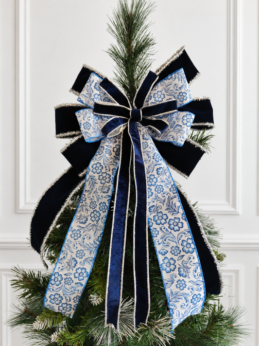 Navy Blue White Chinoiseiere Velvet Christmas Tree Topper Bow 14 inch