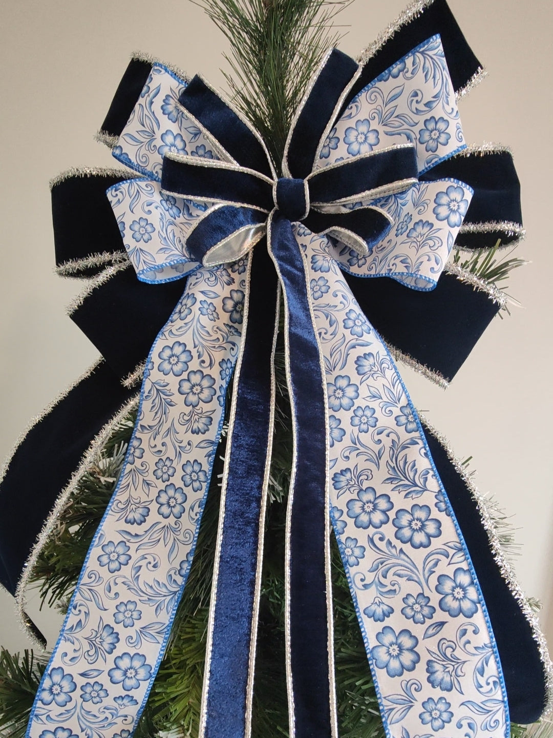 Navy Blue White Chinoiseiere Velvet Christmas Tree Topper Bow 14 inch
