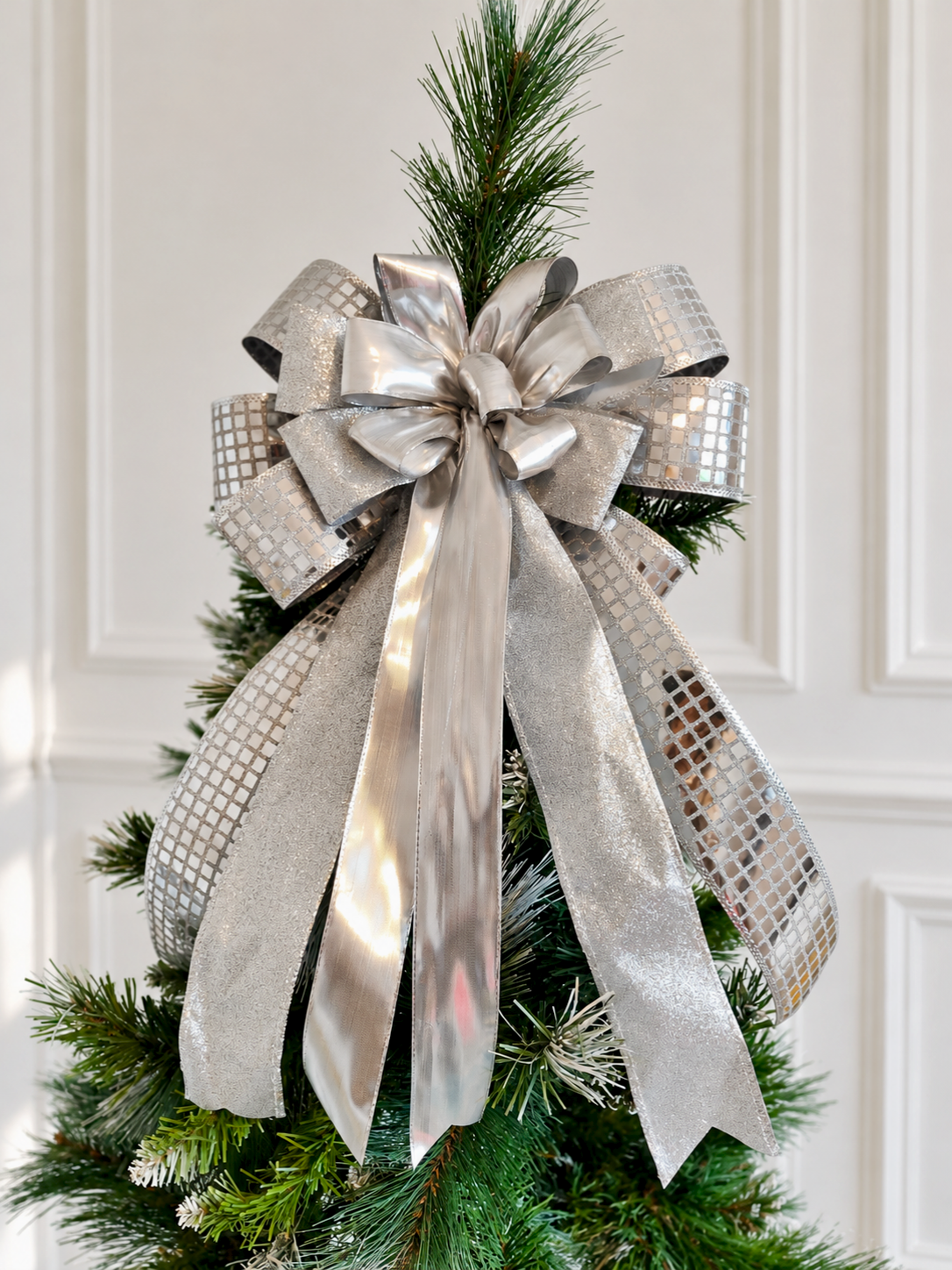 Silver Sparkle Mirror Ball Christmas Tree Topper Bow 14 inch