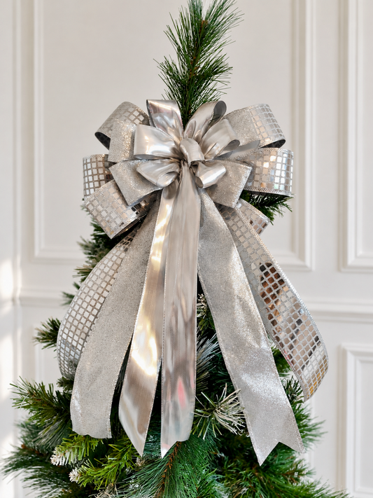 Silver Sparkle Mirror Ball Christmas Tree Topper Bow 14 inch