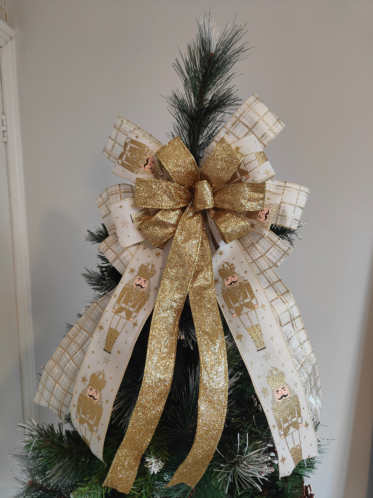 Gold & Ivory Nutcracker Christmas Tree Topper Bow