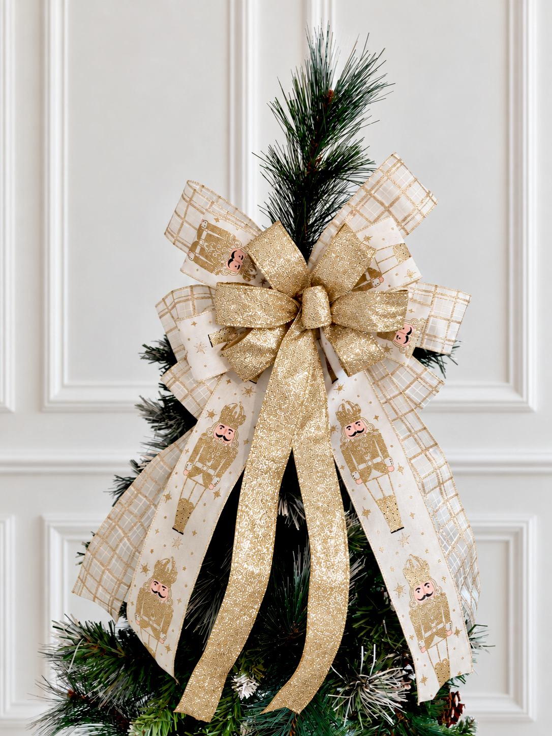 Gold & Ivory Nutcracker Christmas Tree Topper Bow