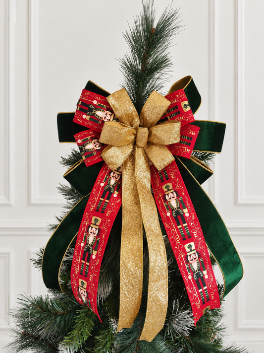 Red, Green & Gold Nutcracker Christmas Tree Topper Bow