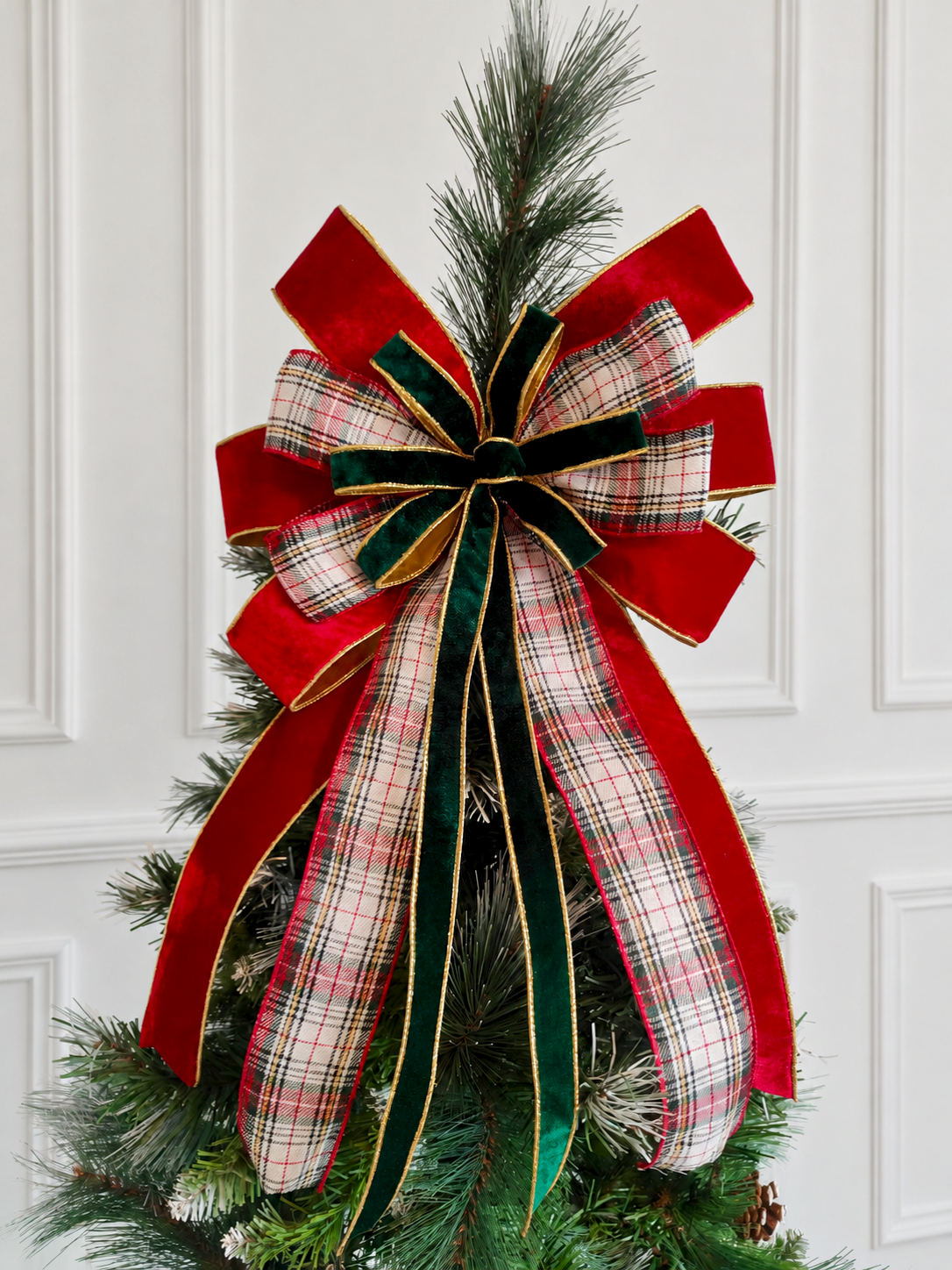 Red White Green Tartan Velvet Christmas Tree Topper Bow 14 inch