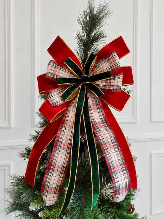 Red White Green Tartan Velvet Christmas Tree Topper Bow 14 inch