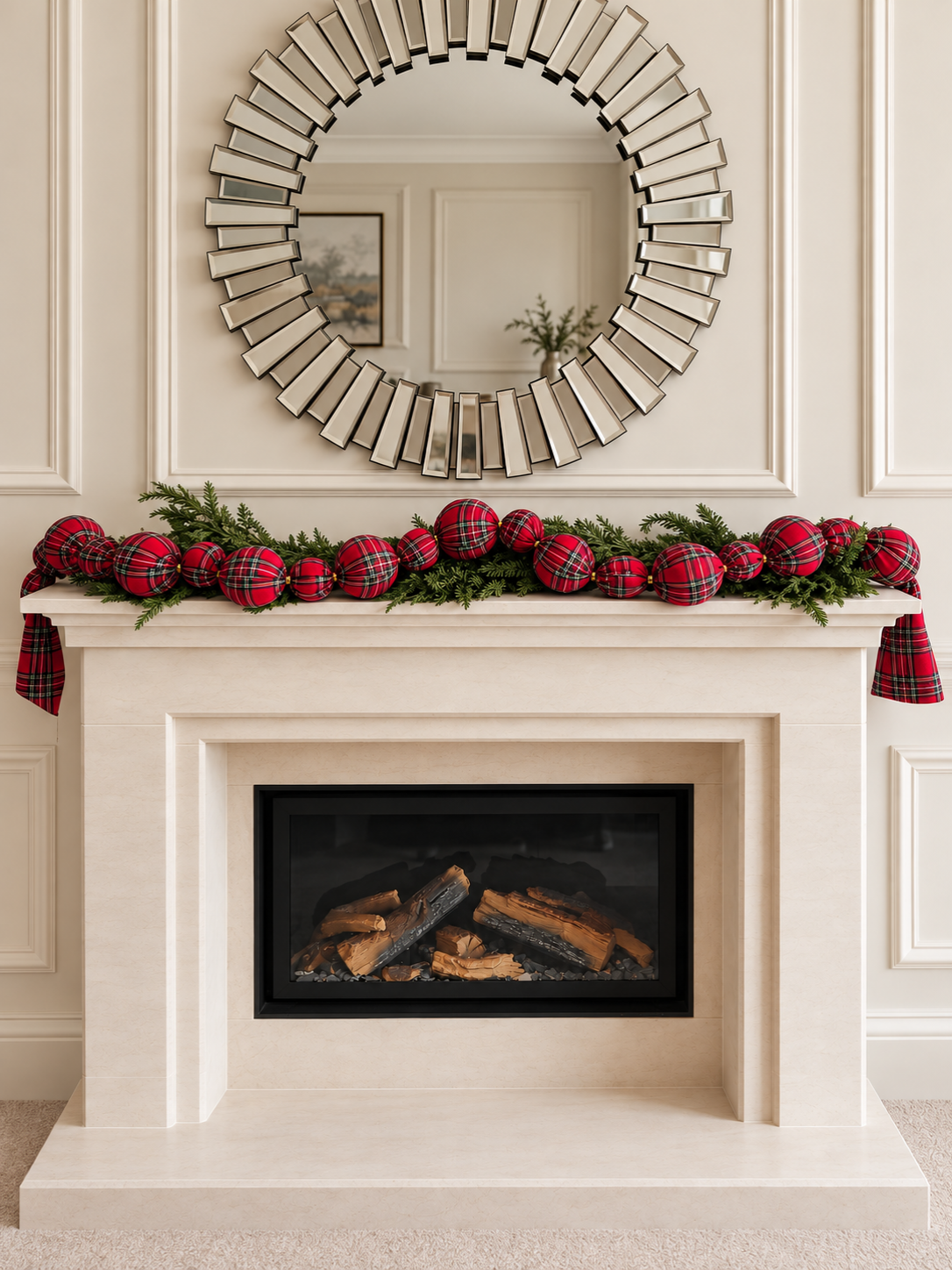 Red Stuart Tartan 7ft Velvet Bauble Garland