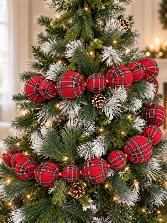 Red Stuart Tartan 7ft Velvet Bauble Garland