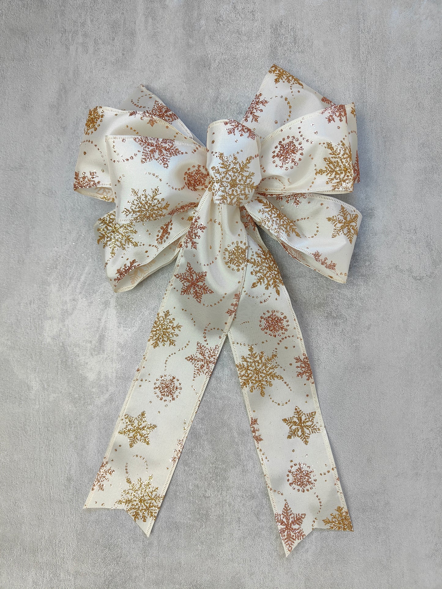Ivory Champagne Rose Gold Christmas Snowflake Bow 10 inch