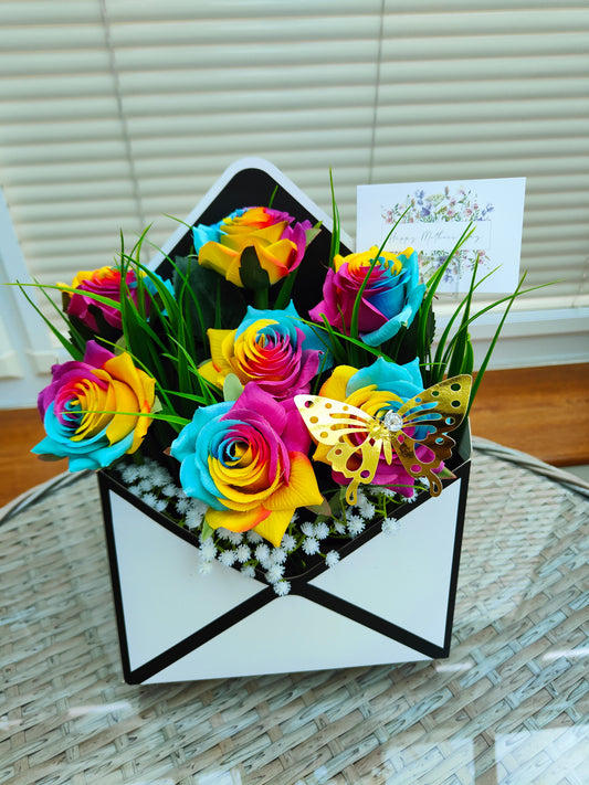 Rainbow artificial roses arrangement 