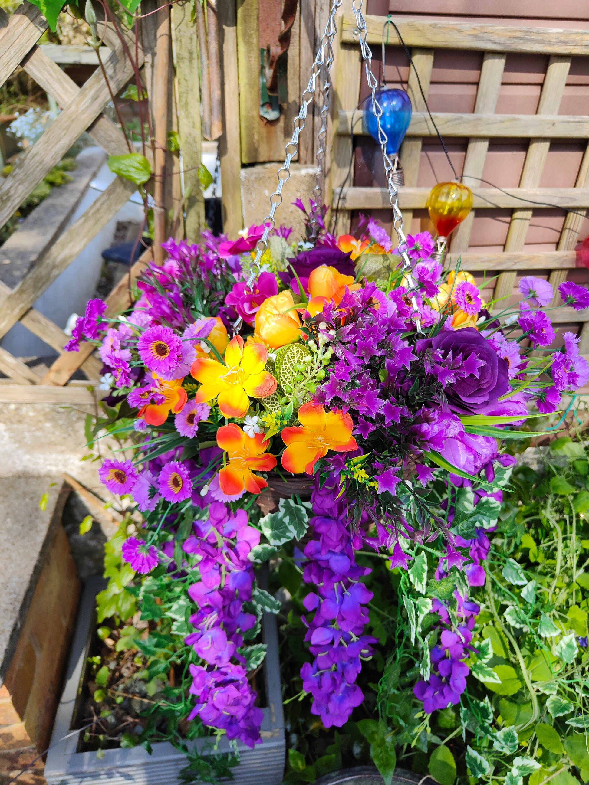 Purple orange artificial flower hanging basket tropical garden fake flowers 
