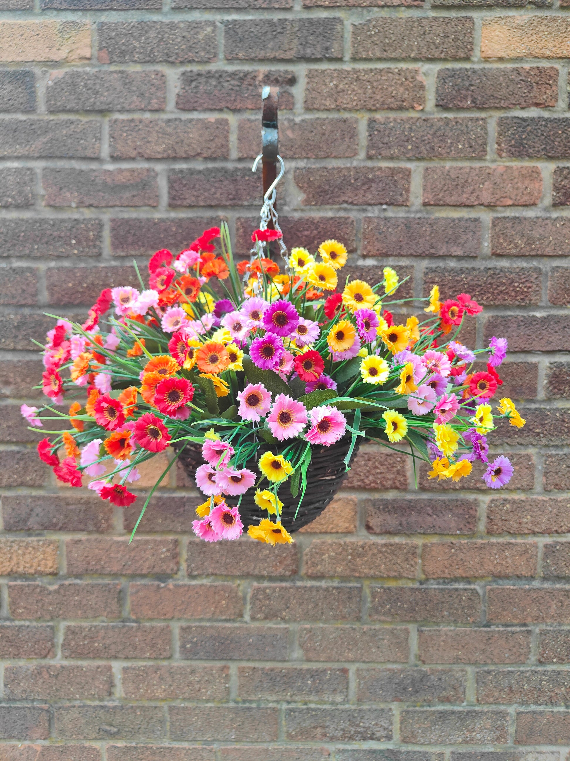 Multicoloured Daisies artificial flower hanging basket bright colourful garden 
