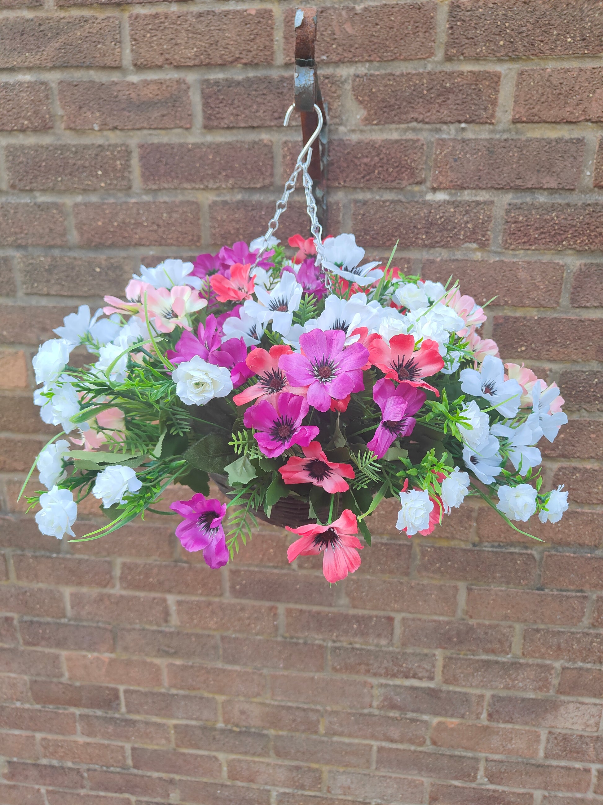 Poppy roses artificial flower hanging basket white pink purple coral garden patio 10 inch 