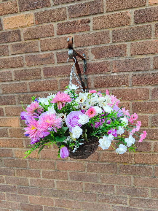 Round 10 inch artificial flower hanging basket pink purple white 