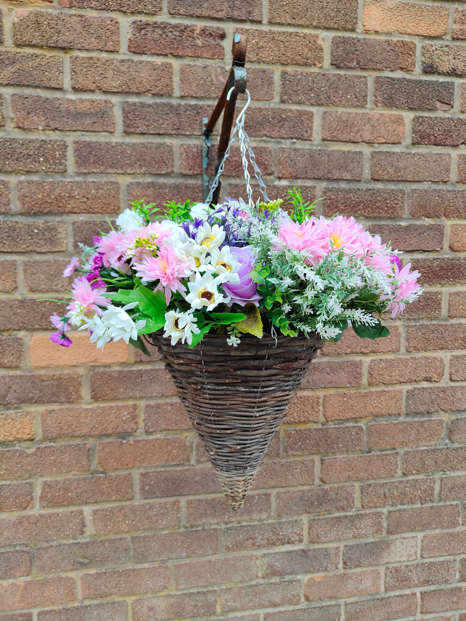 Pink white artificial flower hanging basket 