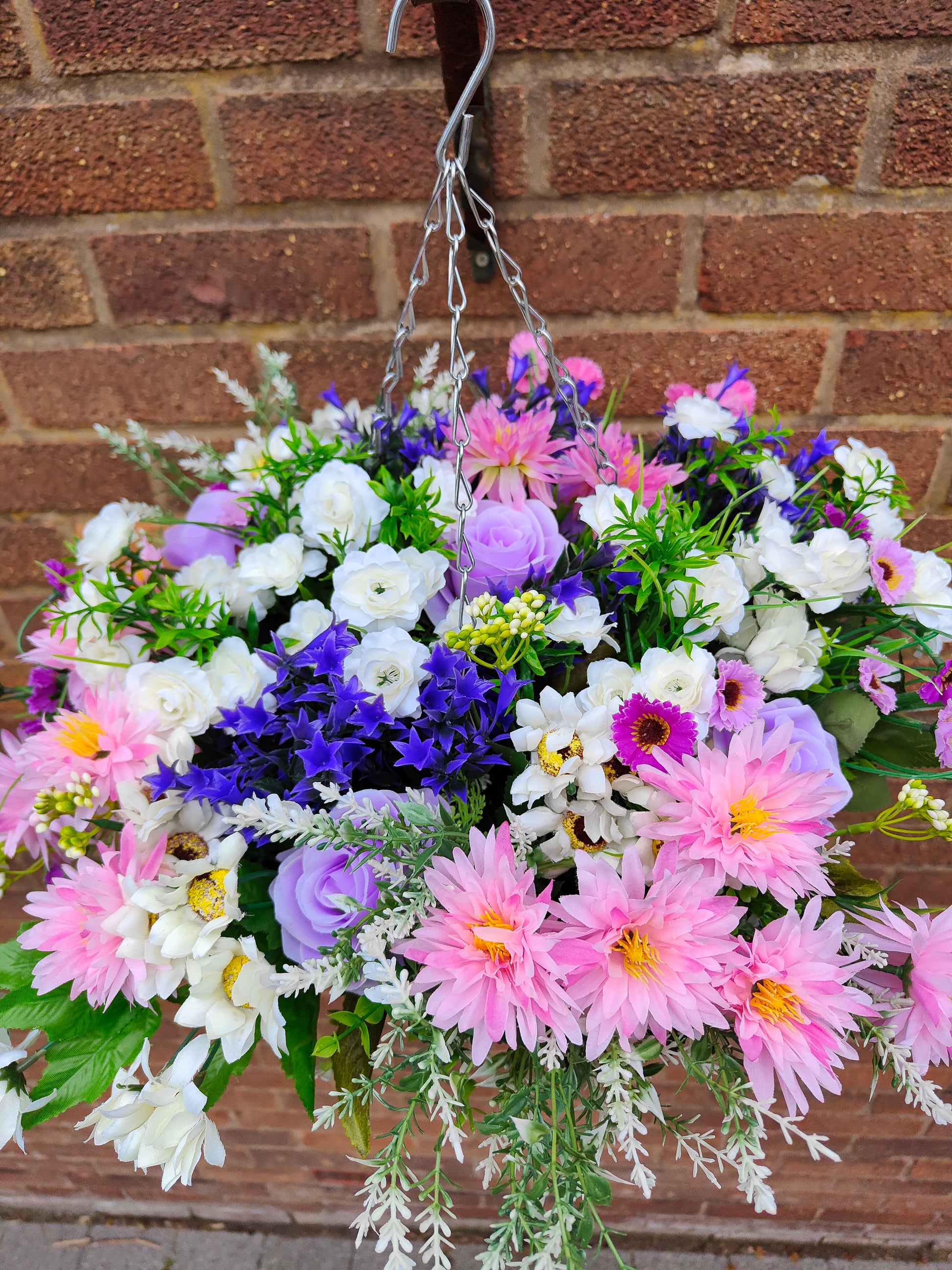 Pink white artificial flower hanging basket pastel garden 