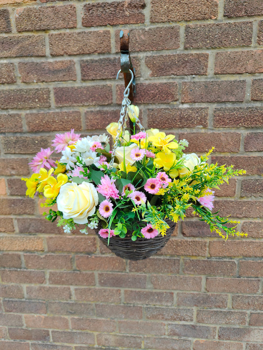 Pink yellow artificial flower hanging basket garden 