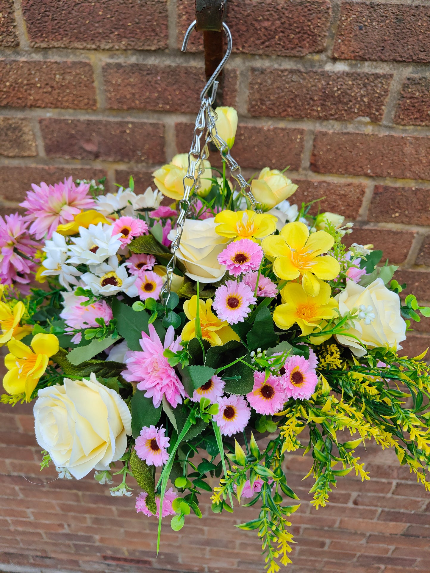 Pink yellow artificial flower hanging basket arrangements garden 