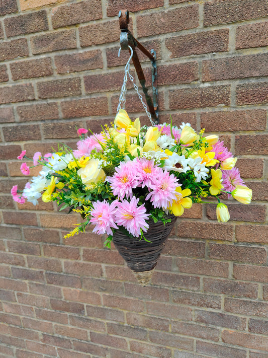 Pink yellow artificial flower hanging basket 